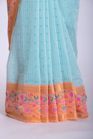 Kanchi cotton saree in small flower print with small checks weaving