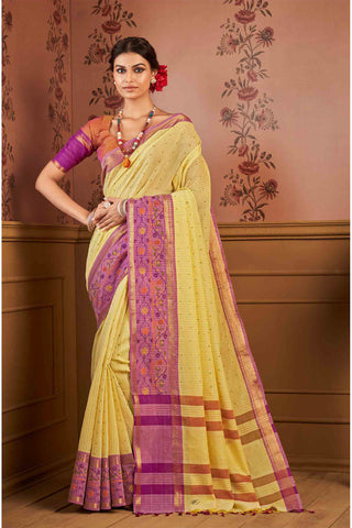 Kanchi cotton saree in small flower print with small checks weaving