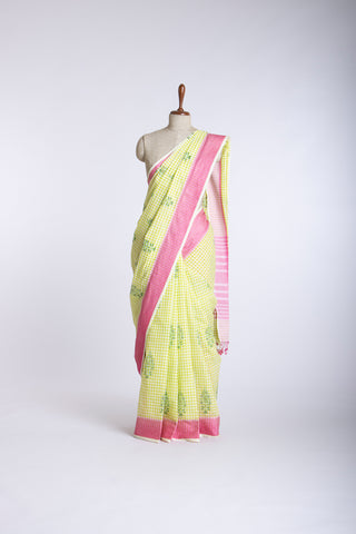 Mangalagiri cotton saree with small chacks with green color print