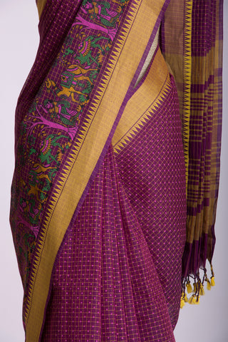 Mangalagiri cotton saree with small chacks with green color print