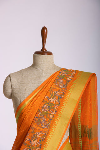 Mangalagiri cotton saree with small chacks with green color print