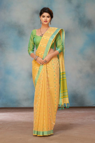 Mangalagiri Cotton Saree With Small Flower Print And With Weaving Border.