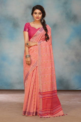 Mangalagiri Cotton Saree With Small Flower Print And With Weaving Border.