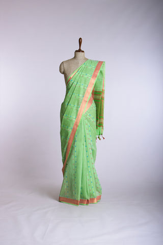 Mangalagiri Cotton Saree With Small Flower Print And With Weaving Border.