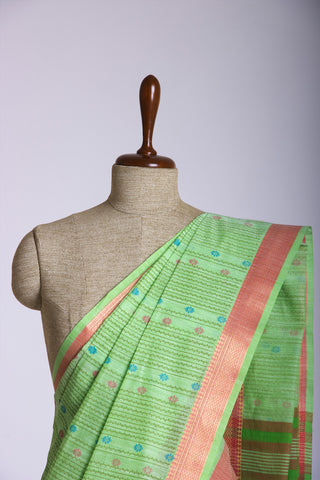 Mangalagiri Cotton Saree With Small Flower Print And With Weaving Border.