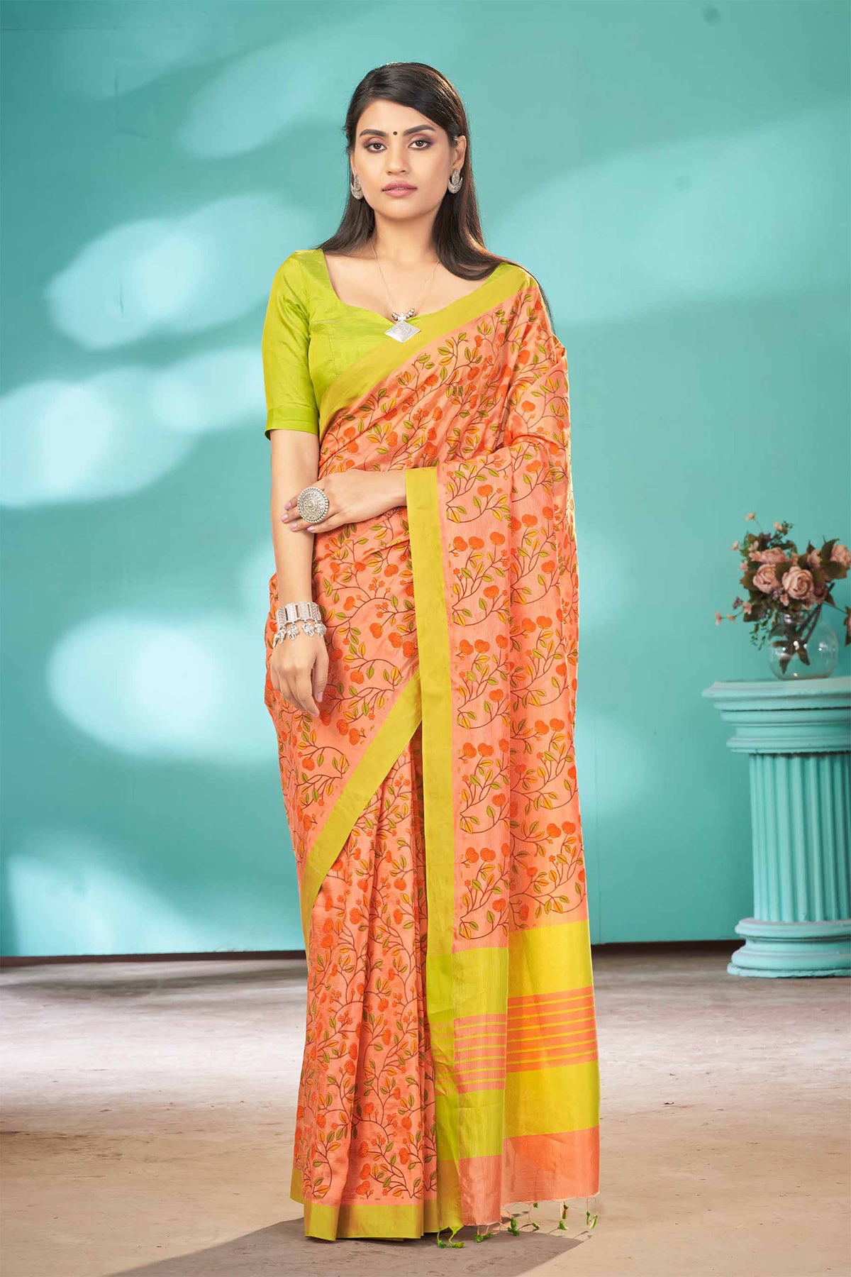 Mangalagiri silk saree with flowers and leafs print