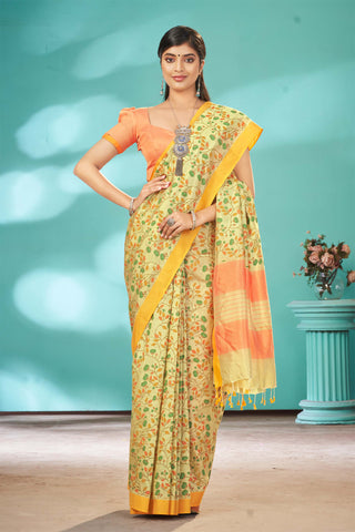 Mangalagiri silk saree with flowers and leafs print