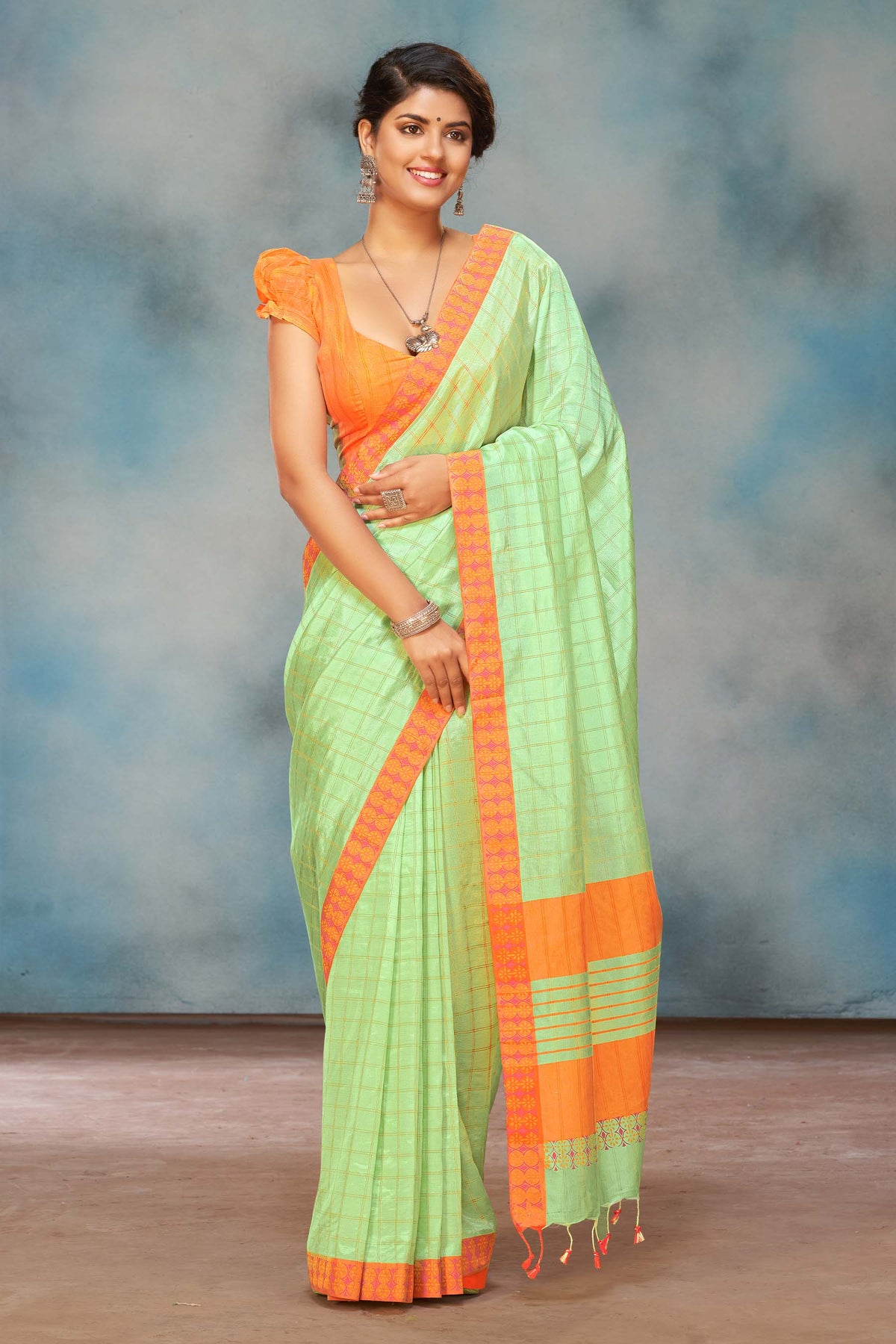 Mangalagiri Silk Sarees With All Over Checks And Printed Border.