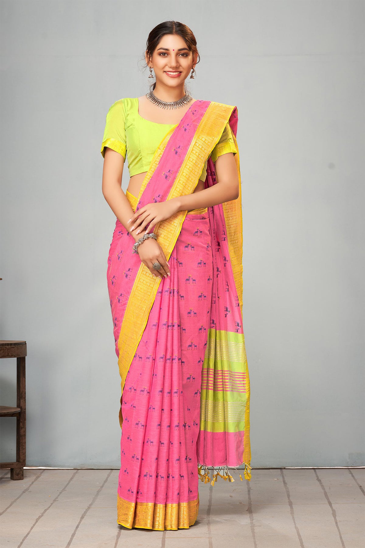 Mangalagiri silk in deers print with texture