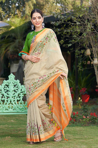 Uppada Cotton Printed Sarees With Soft Amber.