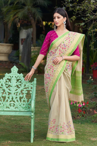 Uppada Cotton Printed Sarees With Soft Amber.