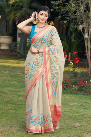 Uppada Cotton Printed Sarees With Soft Amber.