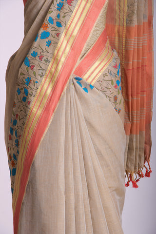 Uppada Cotton Printed Sarees With Soft Amber.