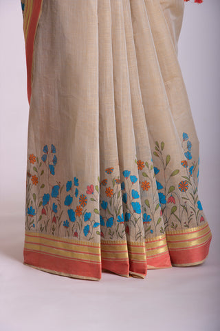 Uppada Cotton Printed Sarees With Soft Amber.