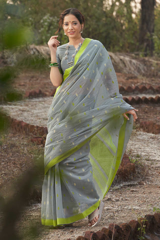 Venkatagiri Cotton Saree In Grey Olive green With Motif Print