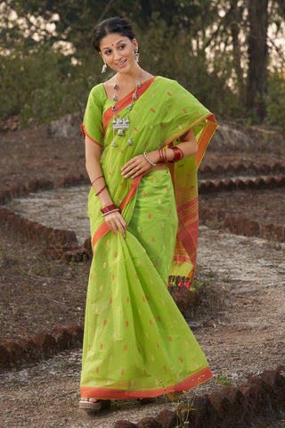 Venkatagiri Cotton Saree In Grey Olive green With Motif Print