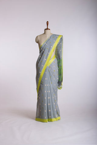 Venkatagiri Cotton Saree In Grey Olive green With Motif Print