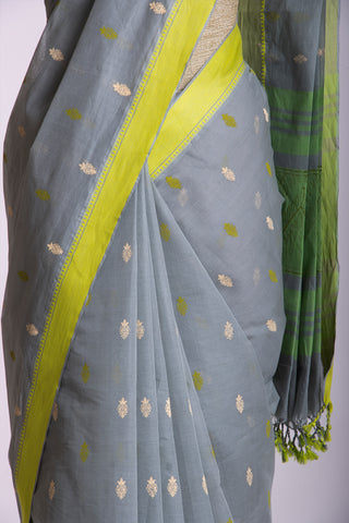 Venkatagiri Cotton Saree In Grey Olive green With Motif Print