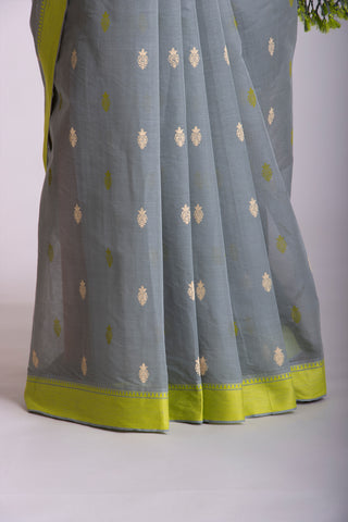 Venkatagiri Cotton Saree In Grey Olive green With Motif Print