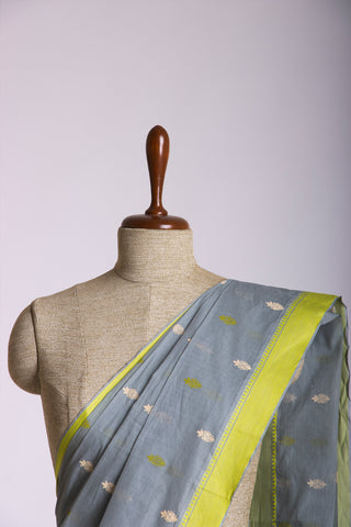 Venkatagiri Cotton Saree In Grey Olive green With Motif Print