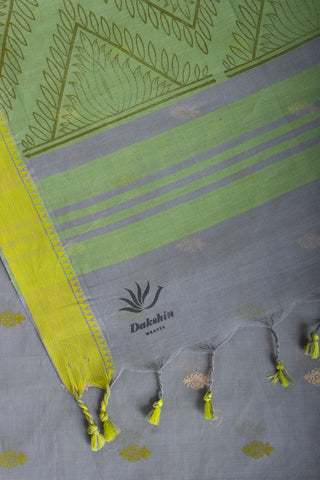 Venkatagiri Cotton Saree In Grey Olive green With Motif Print