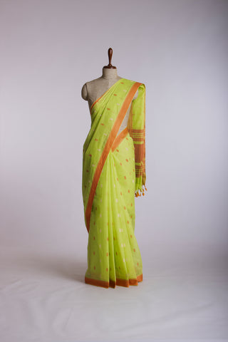 Venkatagiri Cotton Saree In Grey Olive green With Motif Print