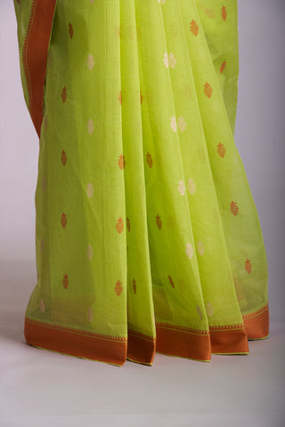 Venkatagiri Cotton Saree In Grey Olive green With Motif Print