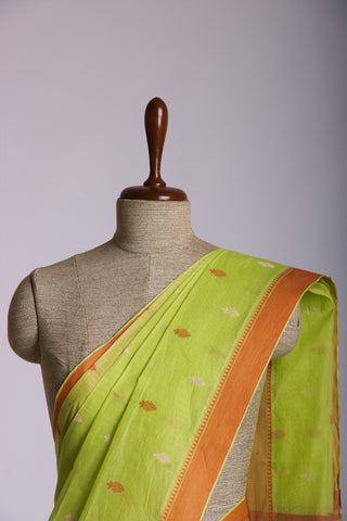 Venkatagiri Cotton Saree In Grey Olive green With Motif Print