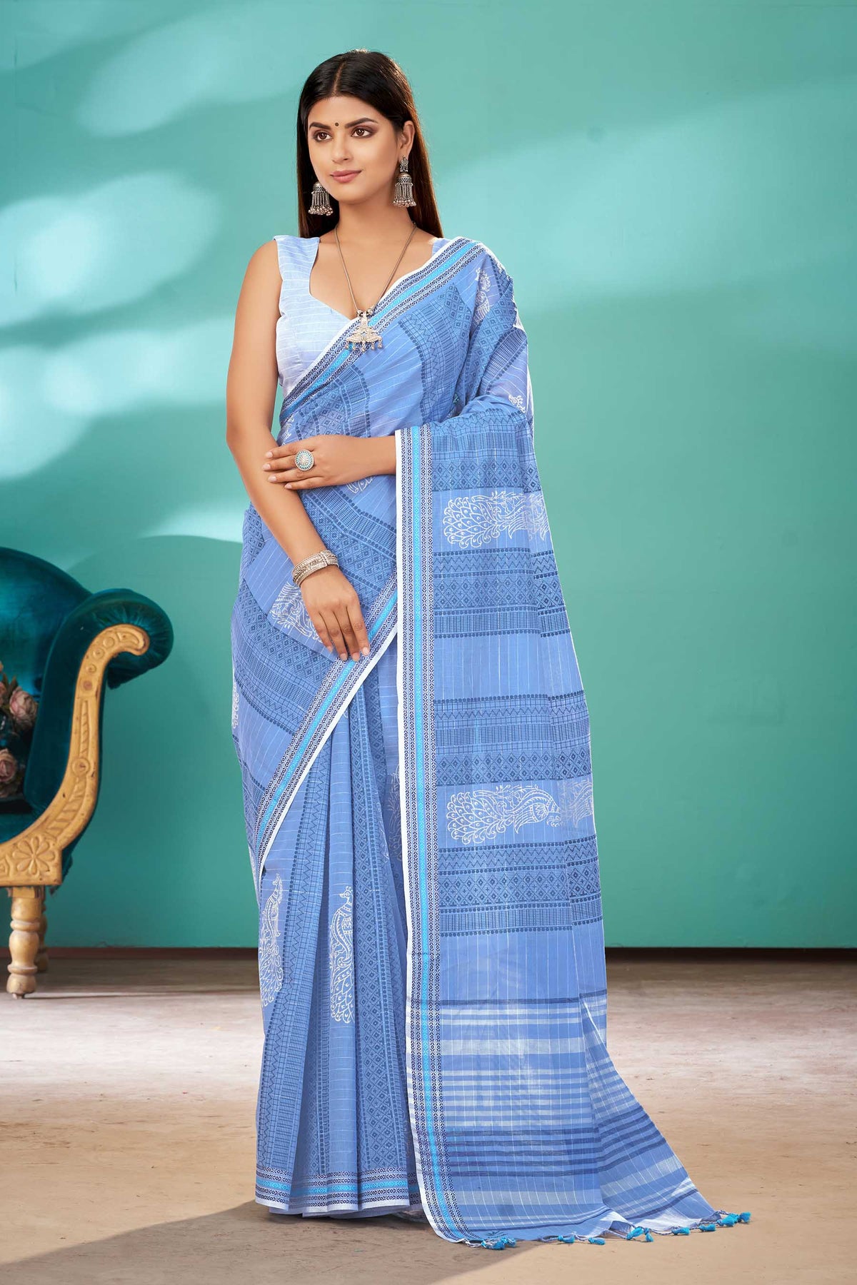 Venkatagiri Cotton Saree In Peacock Print With Stripes Texture.