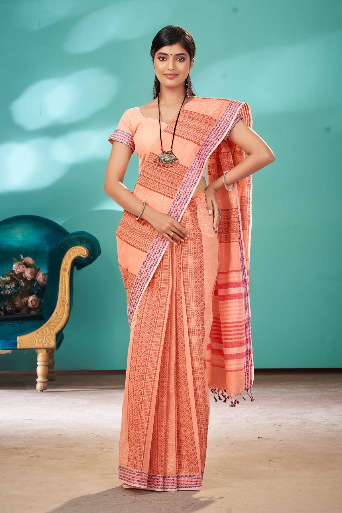 Venkatagiri Cotton Saree In Peacock Print With Stripes Texture.-2