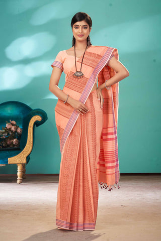 Venkatagiri Cotton Saree In Peacock Print With Stripes Texture.