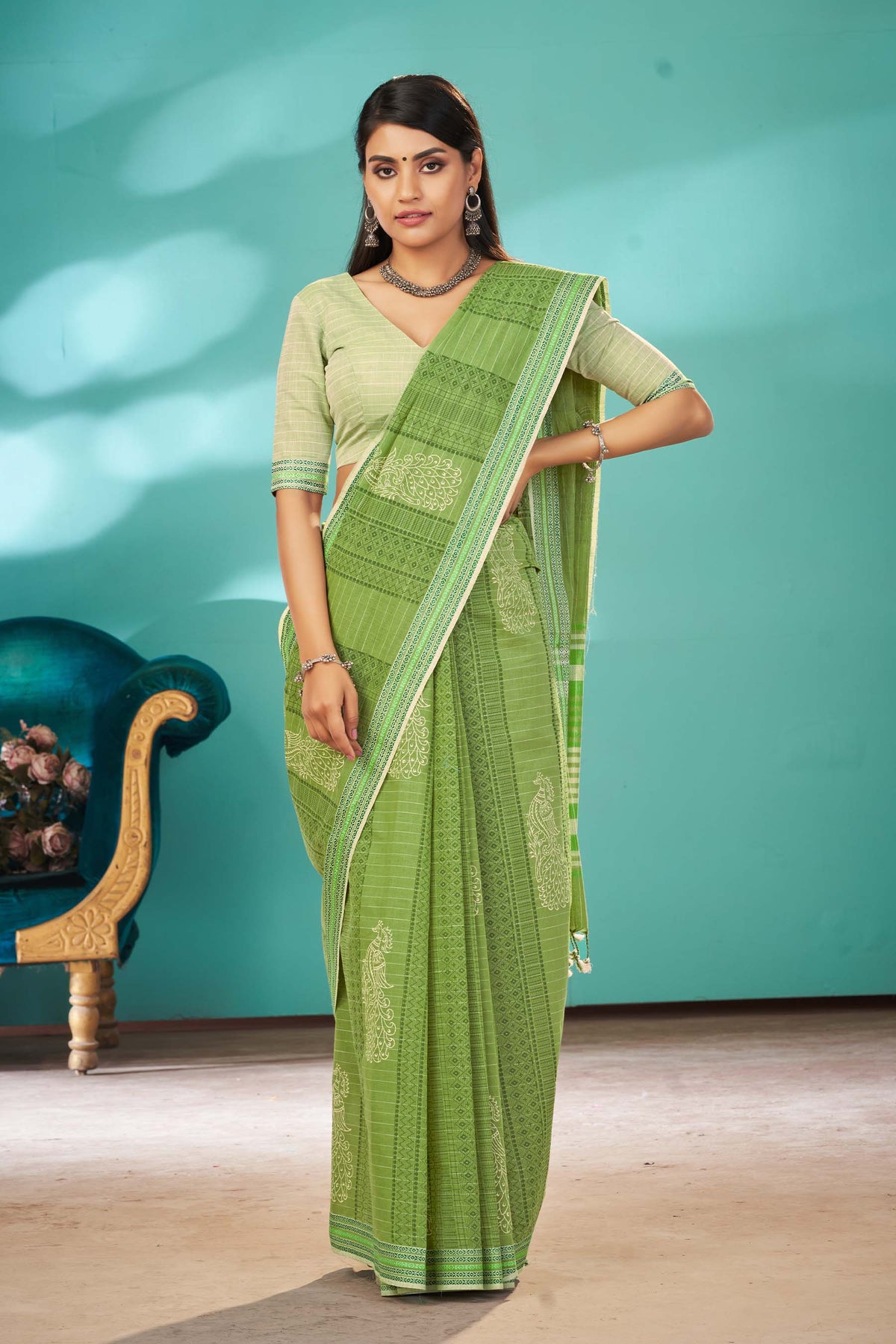 Venkatagiri Cotton Saree In Peacock Print With Stripes Texture.-3