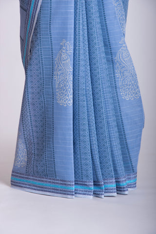 Venkatagiri Cotton Saree In Peacock Print With Stripes Texture.