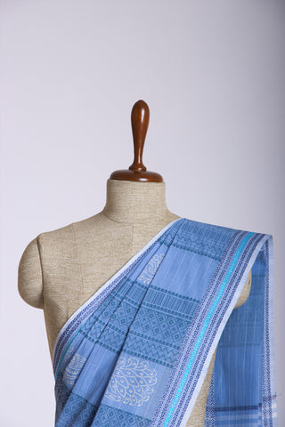 Venkatagiri Cotton Saree In Peacock Print With Stripes Texture.