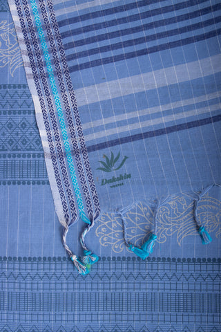 Venkatagiri Cotton Saree In Peacock Print With Stripes Texture.