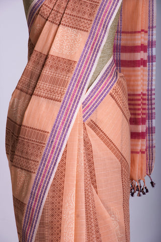 Venkatagiri Cotton Saree In Peacock Print With Stripes Texture.