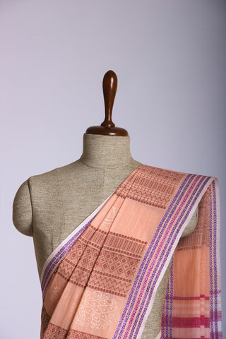 Venkatagiri Cotton Saree In Peacock Print With Stripes Texture.