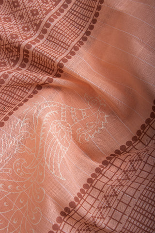 Venkatagiri Cotton Saree In Peacock Print With Stripes Texture.