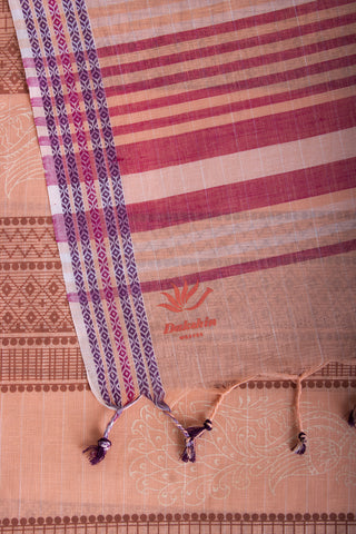 Venkatagiri Cotton Saree In Peacock Print With Stripes Texture.