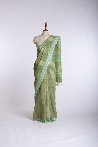 Venkatagiri Cotton Saree In Peacock Print With Stripes Texture.