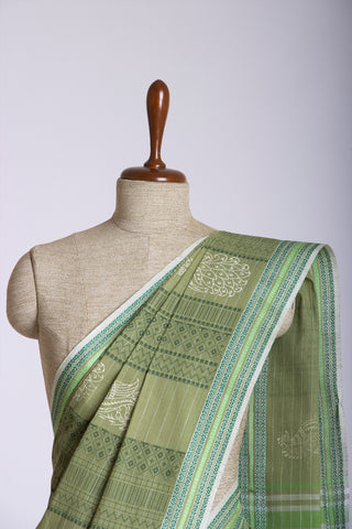 Venkatagiri Cotton Saree In Peacock Print With Stripes Texture.