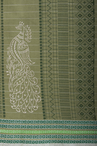 Venkatagiri Cotton Saree In Peacock Print With Stripes Texture.