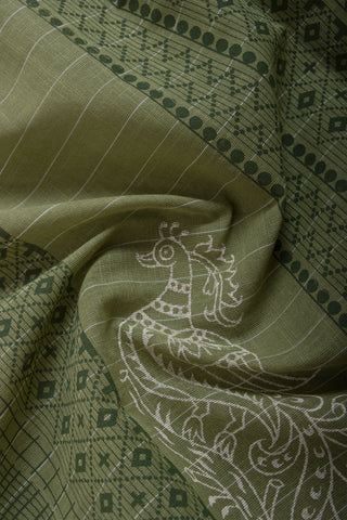 Venkatagiri Cotton Saree In Peacock Print With Stripes Texture.