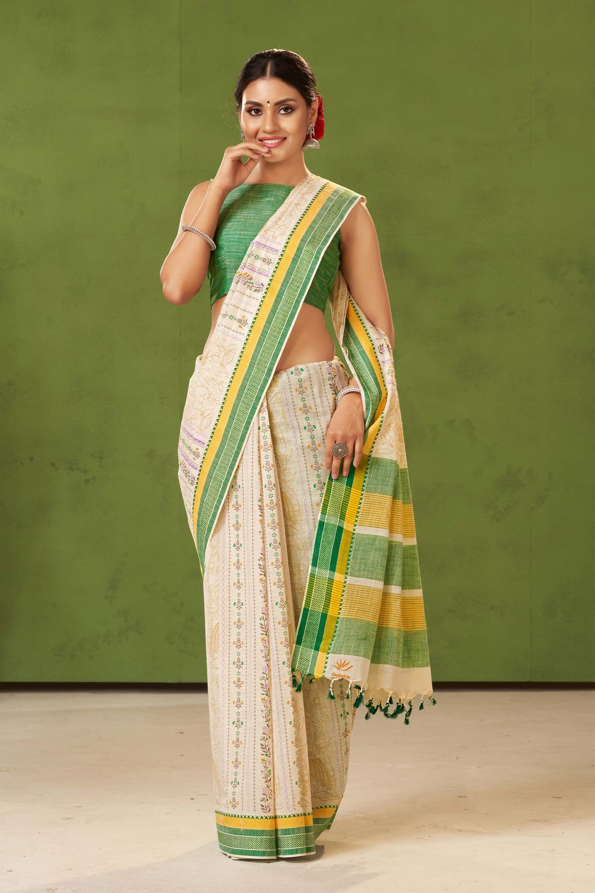 Venkatagiri Cotton Saree In Floral Print With Texture.