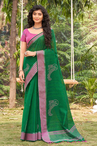 Venkatagiri cotton saree in peacock print with texture