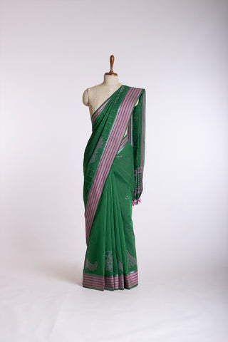 Venkatagiri cotton saree in peacock print with texture