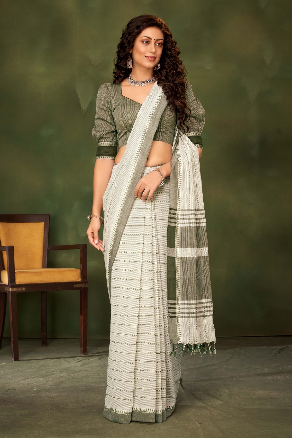 Alikam khadi cotton saree with Stripes and with Temple Border