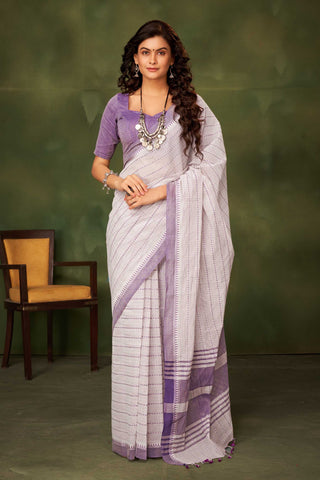 Alikam khadi cotton saree with Stripes and with Temple Border