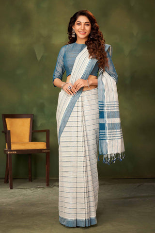 Alikam khadi cotton saree with Stripes and with Temple Border