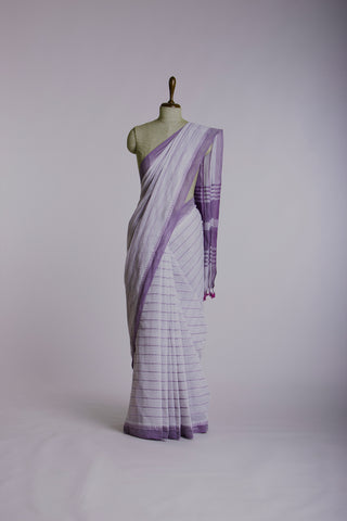 Alikam khadi cotton saree with Stripes and with Temple Border